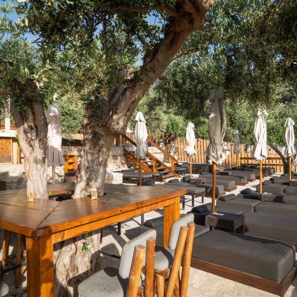 Gli spazi di accoglienza del Navagos Beach Bar sulla spiaggia di Tsamadou.