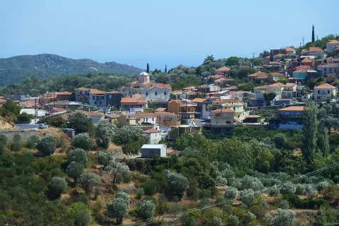 General view of Pyrgos, Samos, nestled among pines with Mount Karvounis in the background.