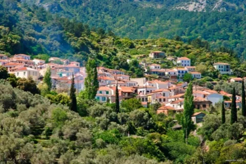 Vista panoramica del villaggio di Vourliotes a Samo con case tradizionali e vegetazione lussureggiante.