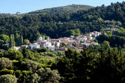 Traditional houses in Kastania, Samos, nestled in green hills.