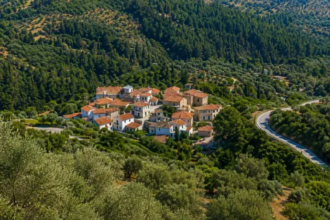 Neochori village in Samos with traditional houses and green rural landscape.