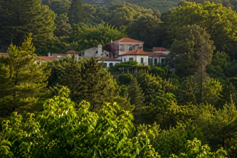 Nikoloudes village in Samos with a few houses surrounded by greenery and hillside views.