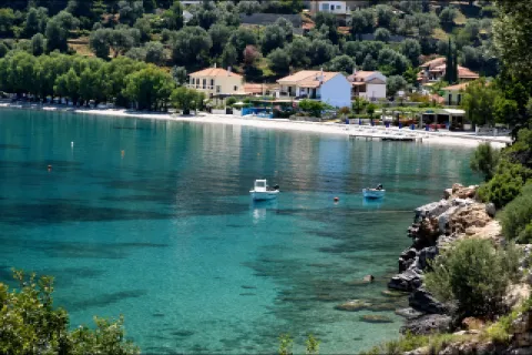 Kerveli Beach in Samos with clear blue waters and panoramic views of Asia Minor