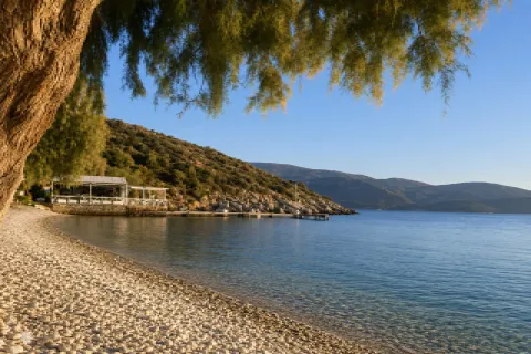 Strand Klima op Samos met blauw water, bomen en een vredige omgeving aan zee