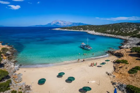 Psalida Beach on Samiopoula with white sand and crystal-clear turquoise waters