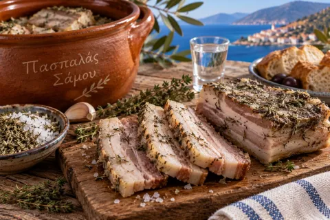 Παραδοσιακός πασπαλάς Σάμου με χοιρινό και θρούμπι