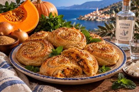 Bourekia di Samo con zucca dolce, souma e menta