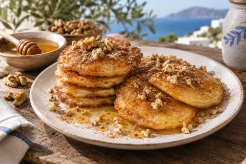 Frittelle di Samo con miele e noci tritate in presentazione tradizionale