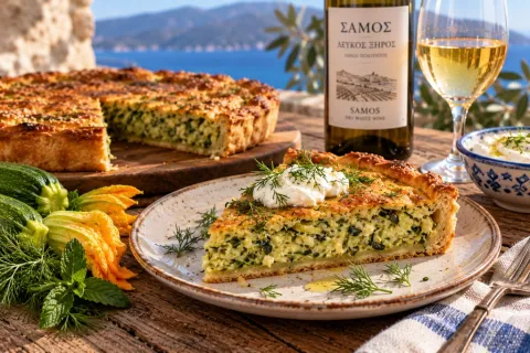 Spring zucchini pie with herbs and white wine of Samos