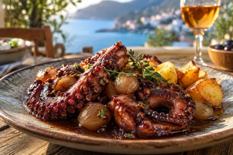 Χταπόδι με Μοσχάτο κρασί Σάμου, πετιμέζι και κοκκάρι