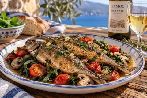Mackerel with vinegar and Muscat wine of Samos with vegetables