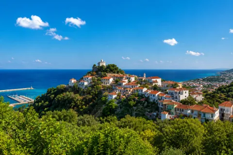 Traditional houses and Agia Triada in Old Karlovasi, Samos