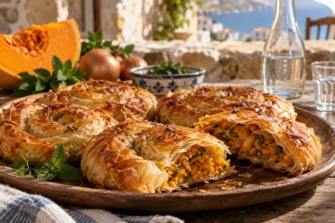 Σαμιώτικα μπουρέκια γλυκιάς κολοκύθας με σούμα σε σχήμα σαλιγκαριού