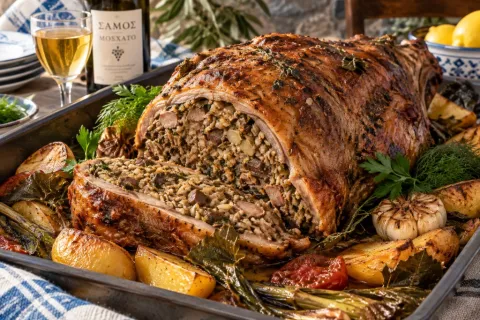 Traditional Samian stuffed goat shoulder with rice and herbs