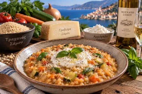 Trahanas of Samos with vegetables, armogalo and local cheese