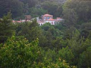 Il villaggio Nikoloudes a Samo con poche case in mezzo alla vegetazione.