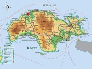 Mappa dell’isola di Samo con città, villaggi e rilievi geografici.