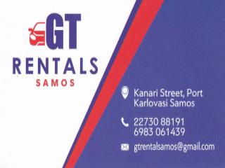 Logo and business card of GT Rentals Samos for car rentals in Karlovasi, Samos.